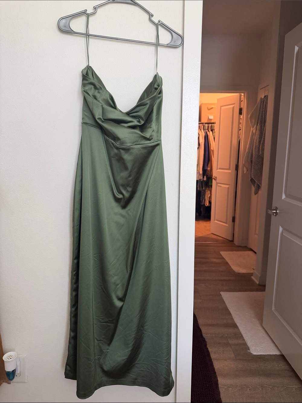 Abercrombie & Fitch Olive Satin Cowl-Neck Maxi Dress